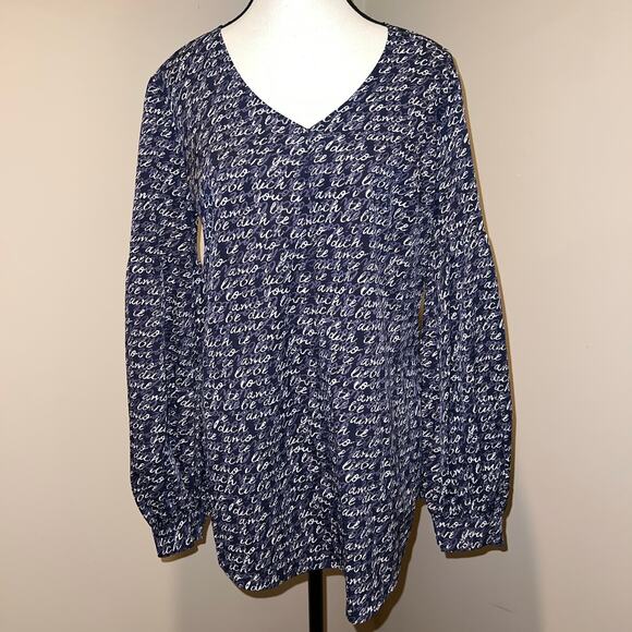 CAbi Te Amo Navy Blue Love Letter Languages Script Balloon Sleeve Blouse Size S - Picture 3 of 14